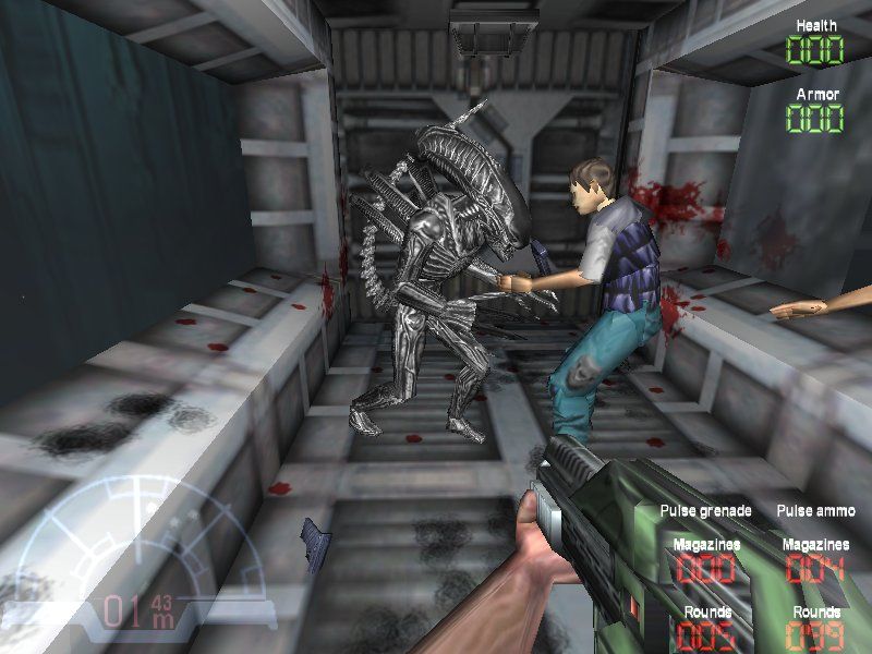 Aliens Versus Predator (Windows) screenshot: An alien dis-arms a civilian
