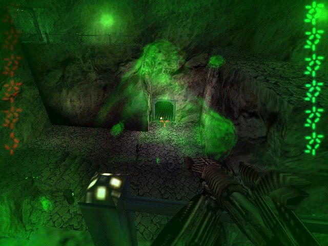 Aliens Versus Predator (Windows) screenshot: predator - the green blobs you see is your blood (you're being shot at the very same moment)