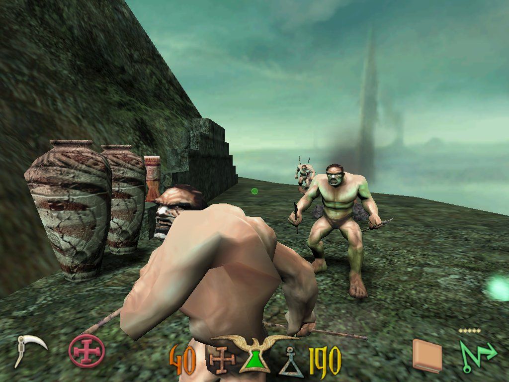 Clive Barker's Undying (Windows) screenshot: After hours of creepy atmospheric monsters, Undying fizzles out with a climactic battle against Klingon-spouting neanderthals.