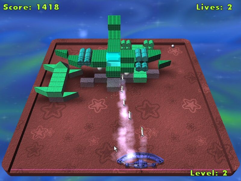 Alpha Ball (Windows) screenshot: Rocket Power-Up in action - destroying all bricks in the way