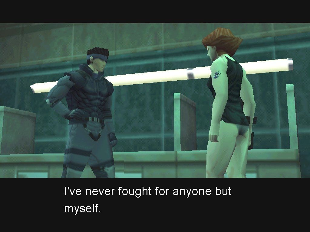 Metal Gear Solid (Windows) screenshot: During an illicit Woman's Bathroom rendevous, Meryl and Snake go into a whole spiel about the tragedy of love and war which we might be able to take seriously if Meryl wasn't only wearing her panties(oh those wacky Japanese programmers)