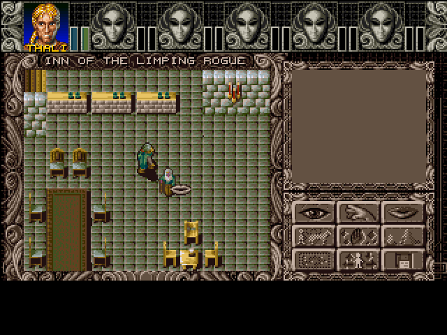 Ambermoon (Amiga) screenshot: Meeting an old man in an inn. This also shows how the icon panel looks like in Action mode.