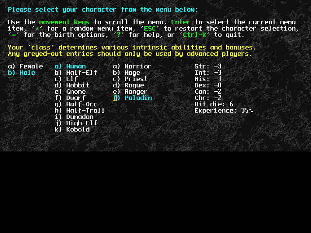 Angband (DOS) screenshot: Character Creation