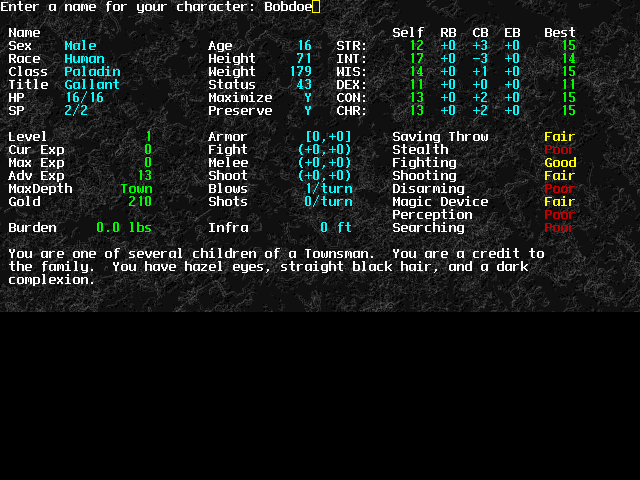 Angband (DOS) screenshot: Naming the Character