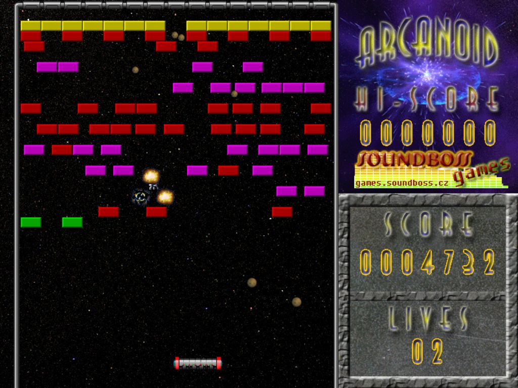 Arcanoid (Windows) screenshot: a rocket destroys a brick