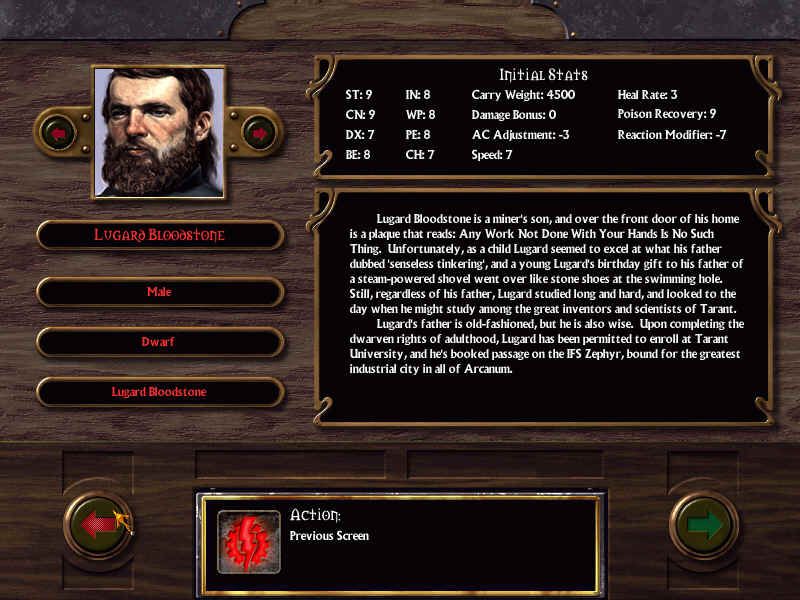 Arcanum: Of Steamworks & Magick Obscura (Windows) screenshot: One of the available pre-made characters, complete with detailed background
