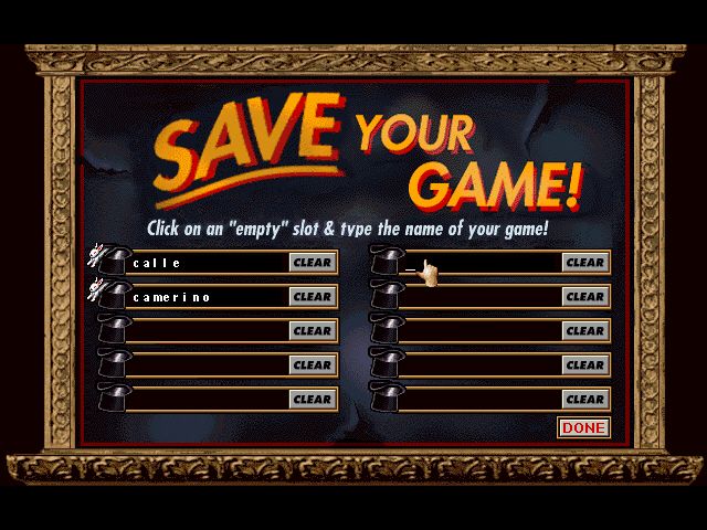 Are You Afraid of the Dark? The Tale of Orpheo's Curse (DOS) screenshot: The savegame menu