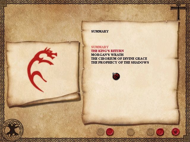 Arthur's Knights II: The Secret of Merlin (Windows) screenshot: The chapters of your game are now titled instead of numbered. The titles are different between games.