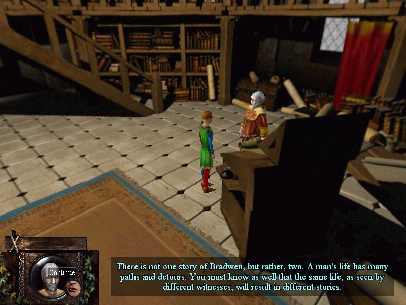 Arthur's Knights: Tales of Chivalry (Windows) screenshot: Learning about Bradwen's 2 stories