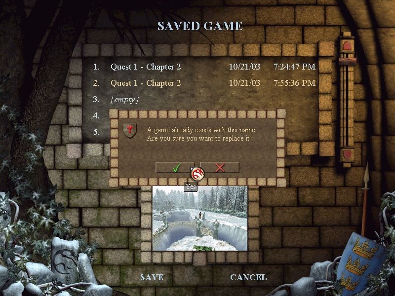 Arthur's Knights: Tales of Chivalry (Windows) screenshot: Saving a game