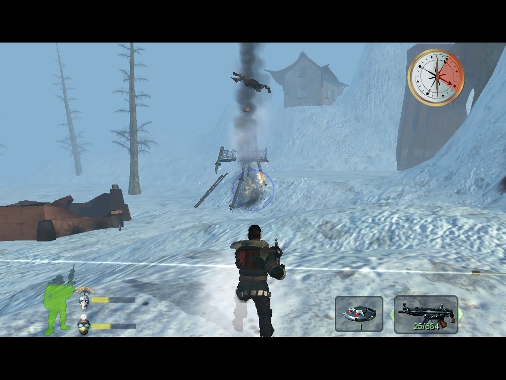 Armed and Dangerous (Windows) screenshot: That arrow barely misses but Roman got the grunt in the tower.