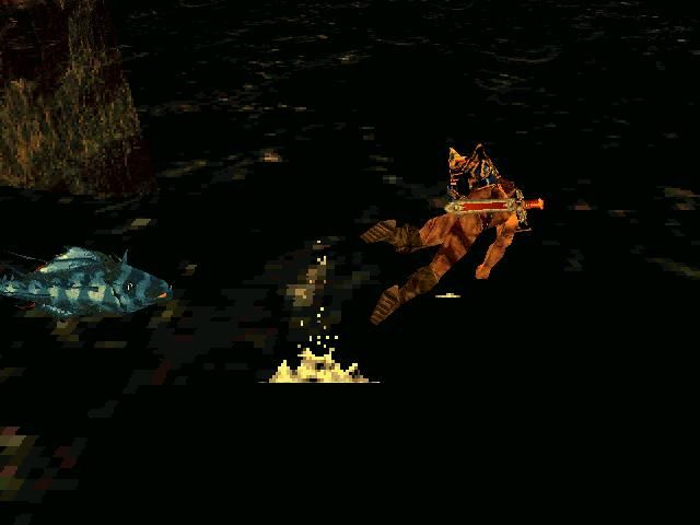 Asghan: The Dragon Slayer (Windows) screenshot: Swimming together with a big fish