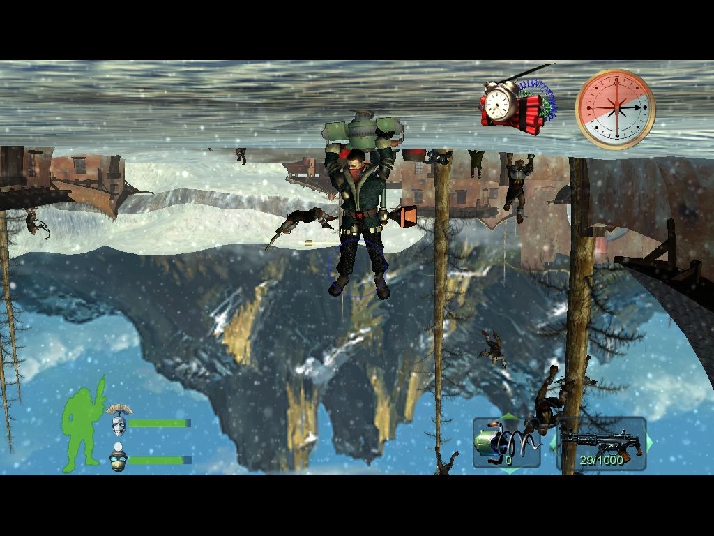 Armed and Dangerous (Windows) screenshot: Using the Topsy Turvy Bomb makes your enemies fall to the sky.