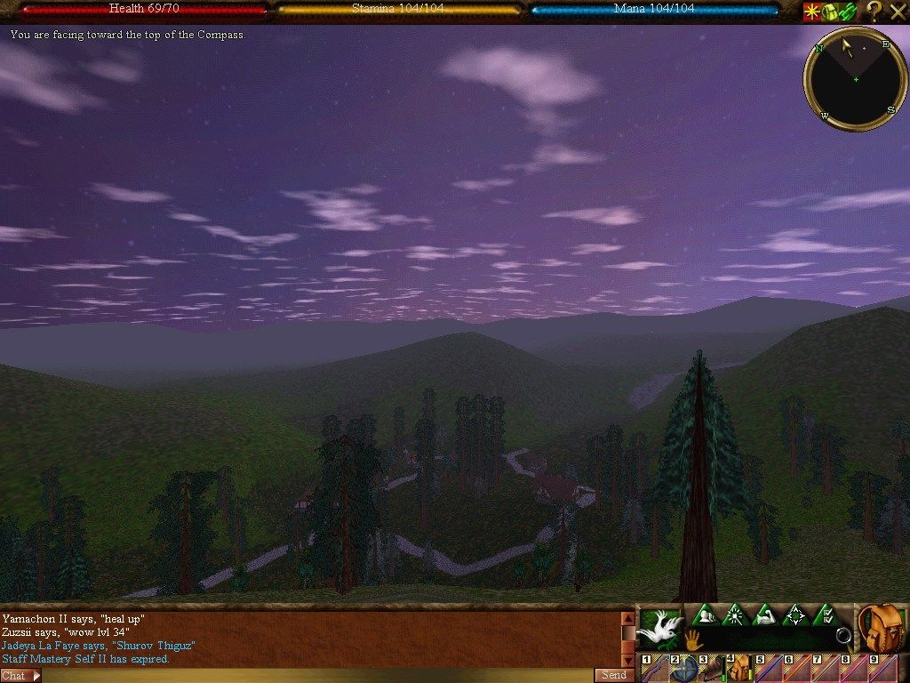 Asheron's Call (Windows) screenshot: Dawn over the Aluvian town of Glenden Wood.