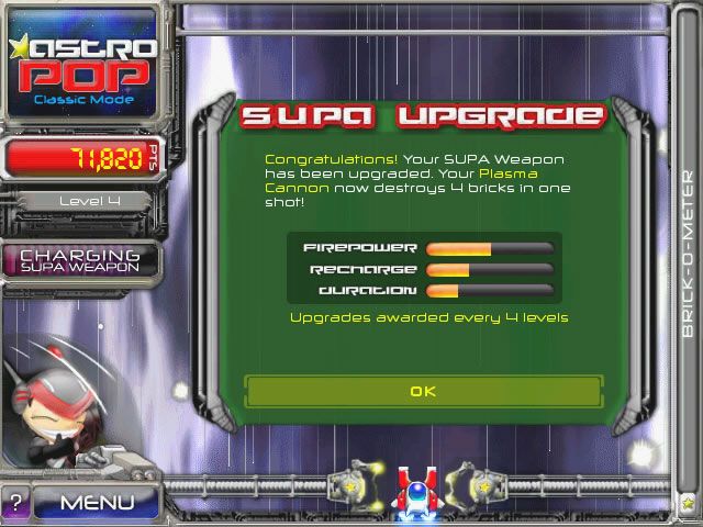 AstroPop Deluxe (Windows) screenshot: After four consecutive missions, you receive a weapon upgrade.