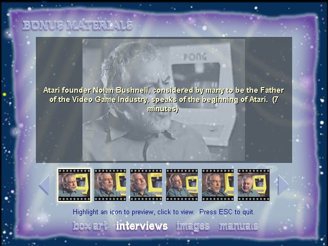 Atari: 80 Classic Games in One! (Windows) screenshot: Extras include interview snippets with Atari founder Nolan Bushnell.
