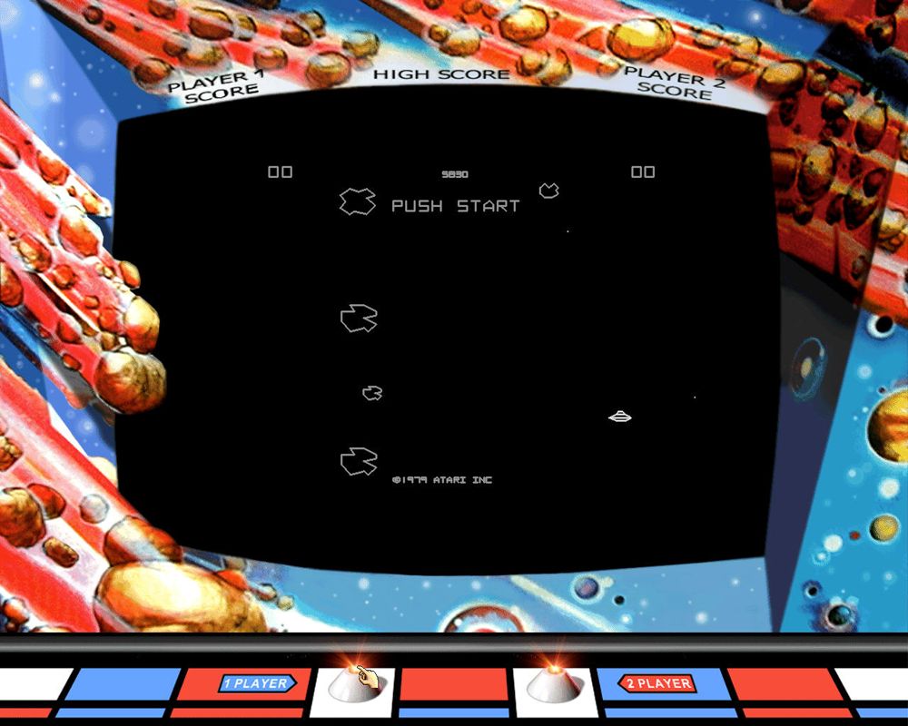 Atari: 80 Classic Games in One! (Windows) screenshot: Arcade Originals include cabinet artwork. This is Asteroids.