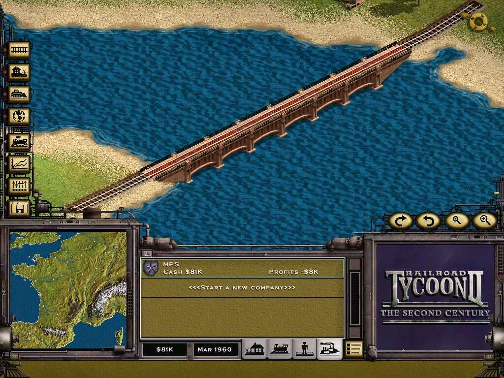 Railroad Tycoon II: The Second Century (Windows) screenshot: Bridge over sea? No problem!