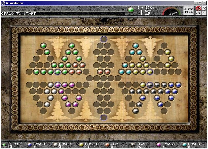 Assimilation (Windows) screenshot: An eight player game on a large board with teleporters.