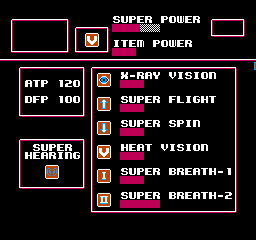 Superman (NES) screenshot: Your Super Powers, many are selectable but some like Super Hearing are always enabled