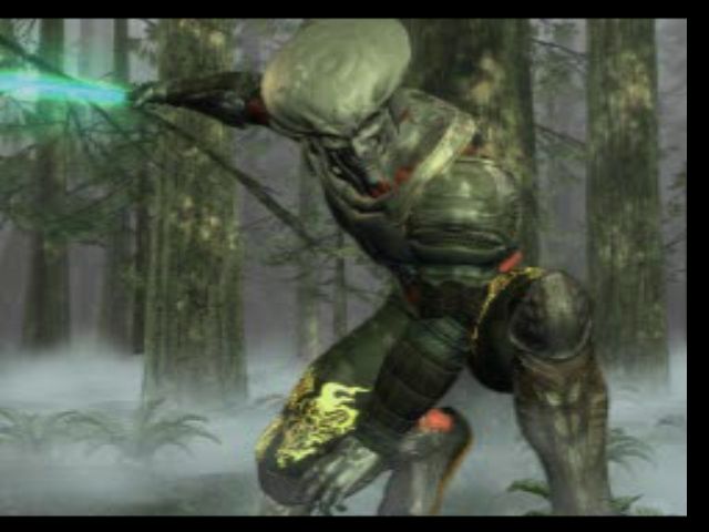 Tekken 3 (PlayStation) screenshot: Don't call me 'Predator'. Yoshimitsu de-cloaks as he leaps from a tree in the CGI intro.
