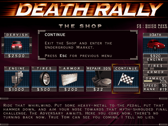 Death Rally (DOS) screenshot: Upgrade your car