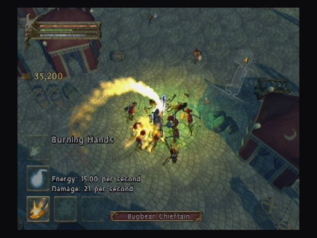 Baldur's Gate: Dark Alliance (PlayStation 2) screenshot: How would you like your kobold burger? The archer and dwarf can wade into battle without fear, but the sorceress has a few tricks up her sleeve as well...