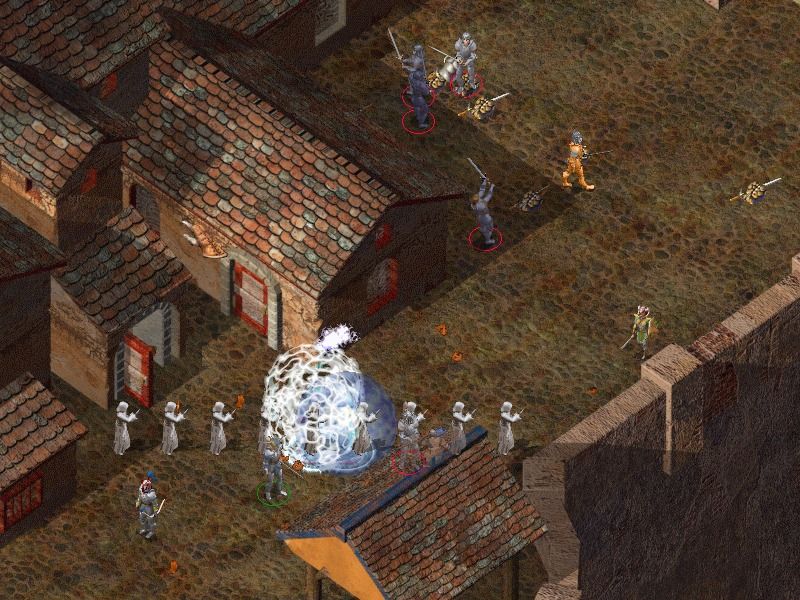 Baldur's Gate II: Shadows of Amn (Windows) screenshot: A fight against fallen paladins at daytime...