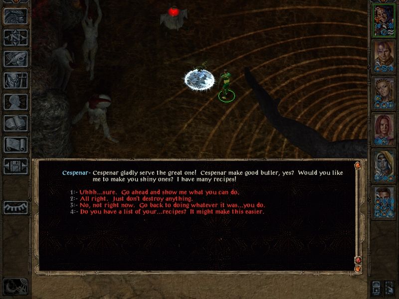 Baldur's Gate II: Throne of Bhaal (Windows) screenshot: Cespenar the Imp will use components you find to upgrade your weapons in the Pocket Plane in the Abyss