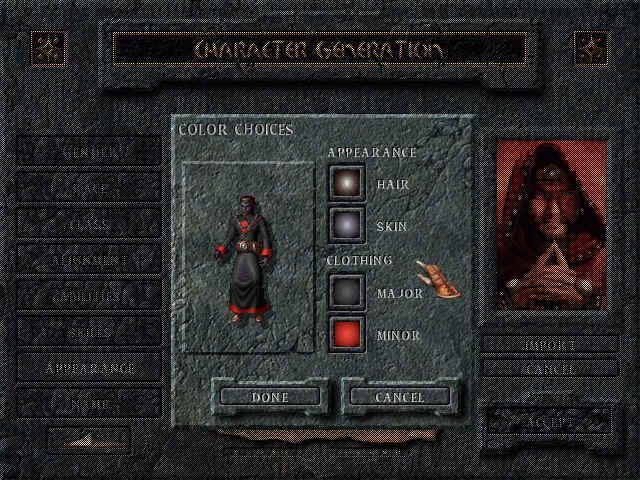 Baldur's Gate (Windows) screenshot: This is what my character will look like. Black and red. Pure evil.