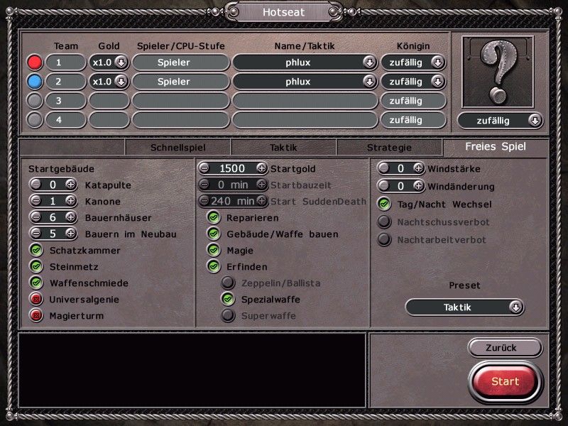 Ballerburg: Castle Siege (Windows) screenshot: Hotseat options menu