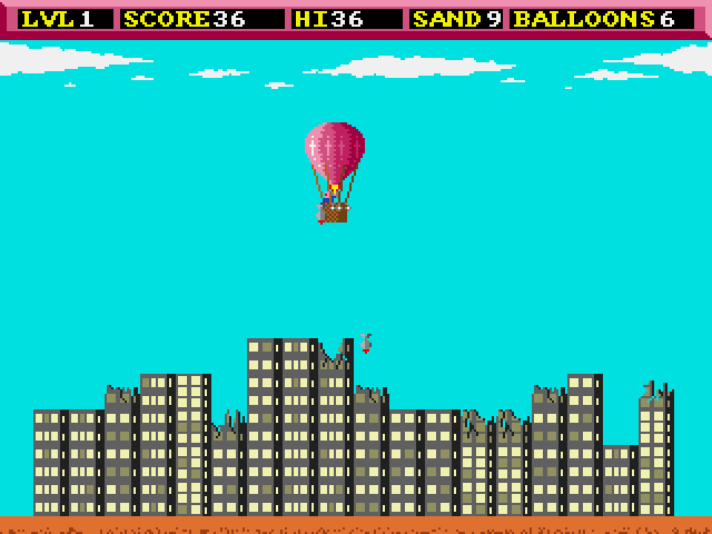 Balloonacy (Amiga) screenshot: Drop bombs on buildings