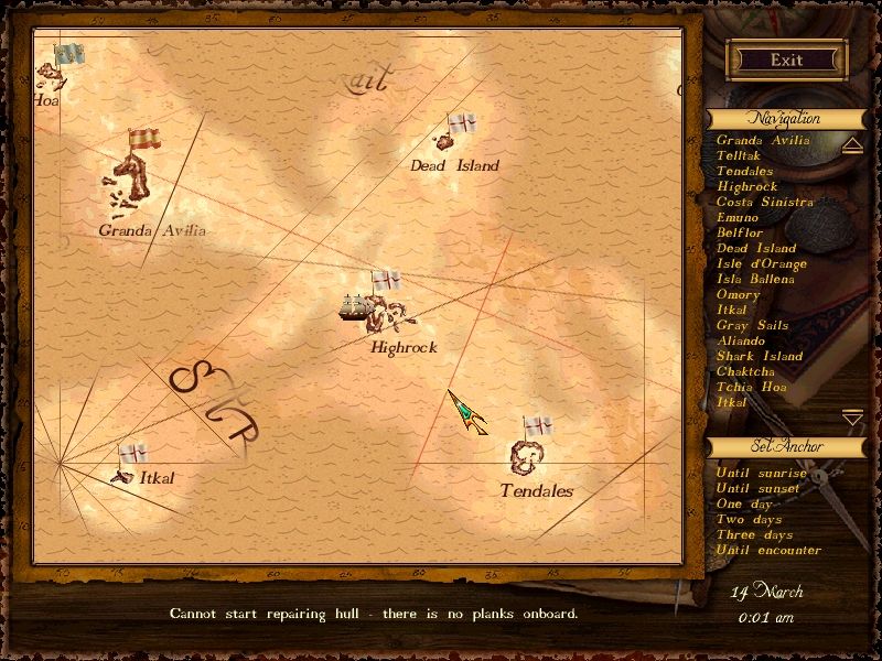 Sea Dogs (Windows) screenshot: The navigation map. It is here that you'll make all your long distance traveling decisions.