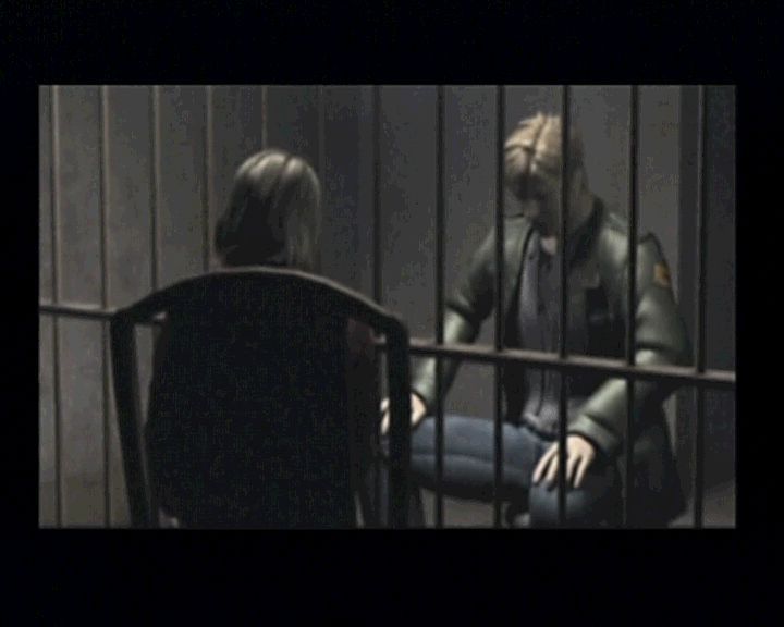 Silent Hill 2 (PlayStation 2) screenshot: Talking with... err, Maria through the bars.