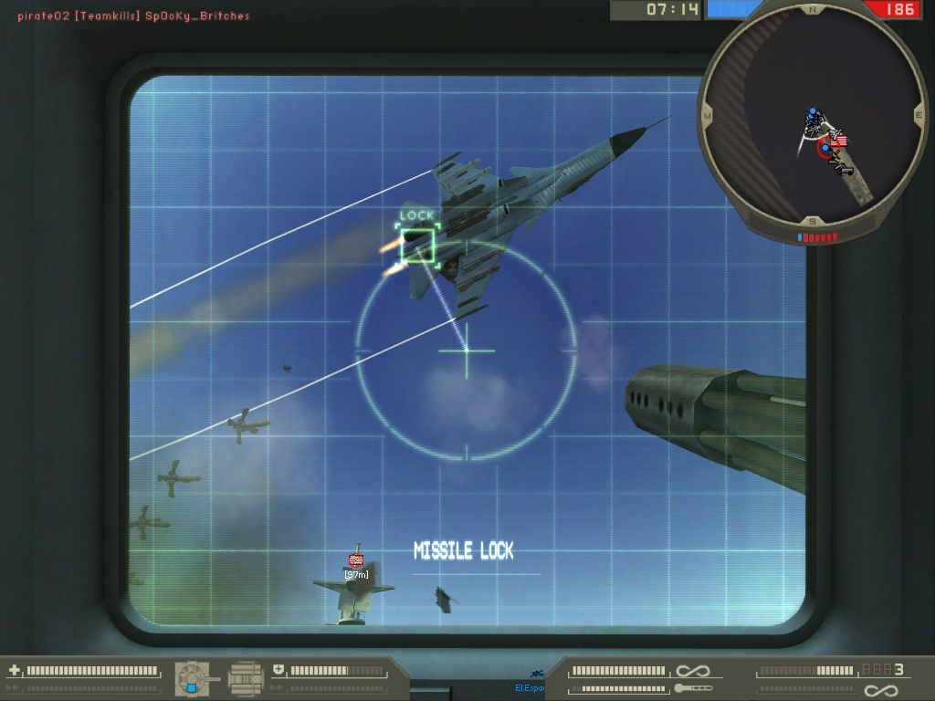Battlefield 2 (Windows) screenshot: Taking down a plane using the ship's defense cannon.