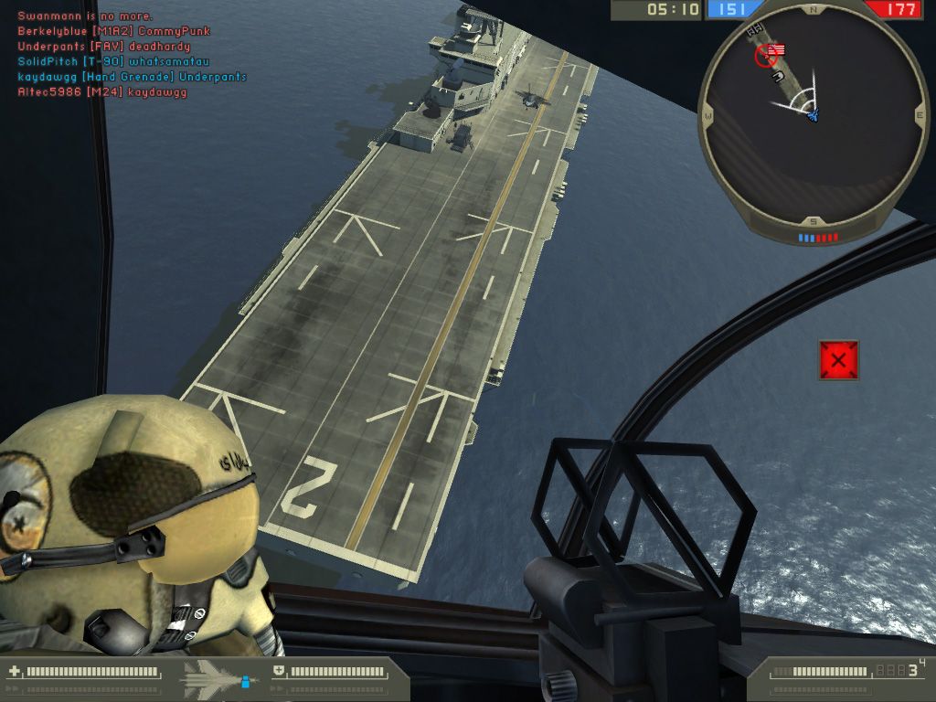 Battlefield 2 (Windows) screenshot: Hovering over the battleship and stalking the occupants.