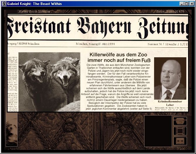 The Beast Within: A Gabriel Knight Mystery (Windows) screenshot: Newspaper (Freistaat Bayern Zeitung)