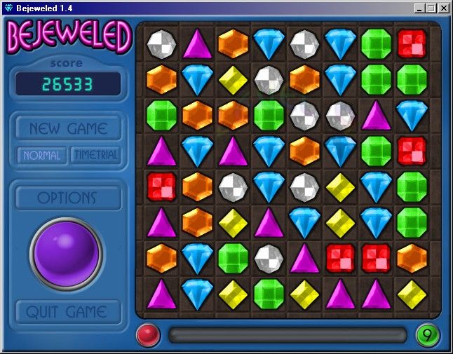Bejeweled: Deluxe (Windows) screenshot: Swap two gems on the board to remove a matching row of three. That's how easy it is.