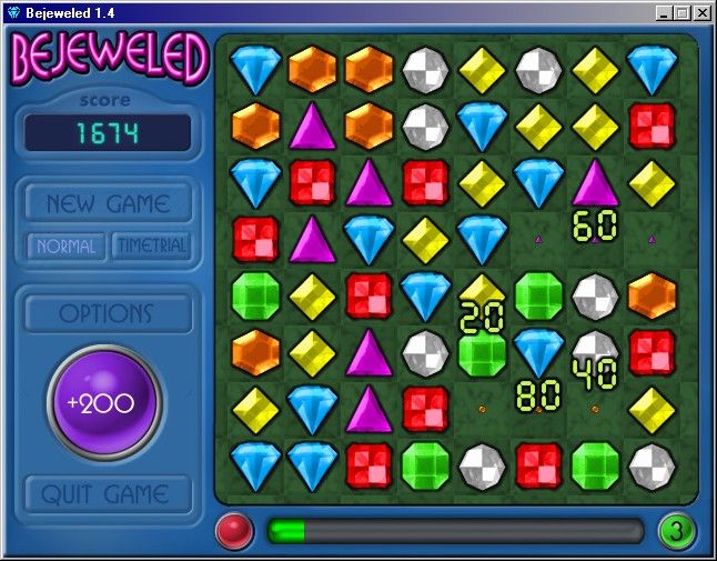 Bejeweled: Deluxe (Windows) screenshot: Score big points by causing a chain reaction with falling jewels.