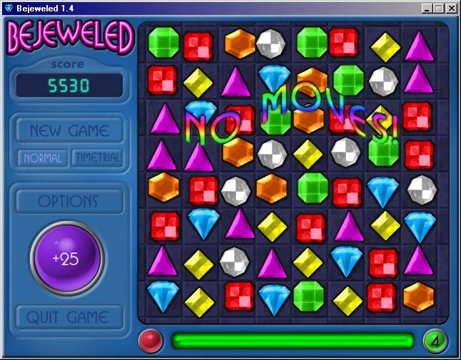 Bejeweled: Deluxe (Windows) screenshot: The standard game ends when you can't make any more moves.