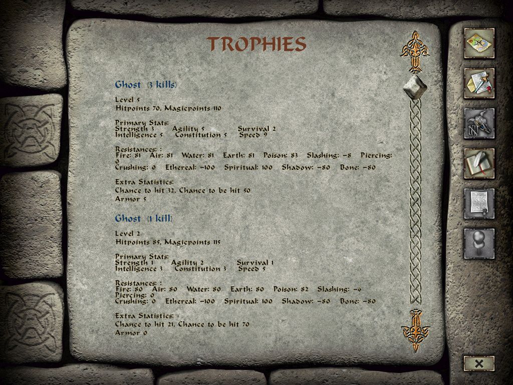 Beyond Divinity (Windows) screenshot: Trophies tell you # of kills plus strengths and weaknesses of your enemies