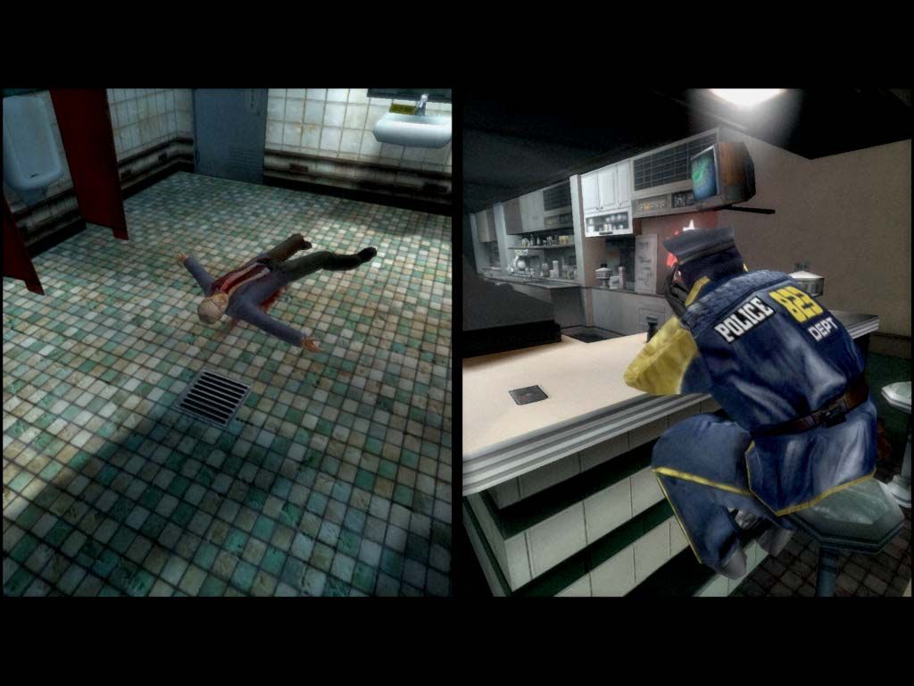 Indigo Prophecy (Windows) screenshot: A corpse, and a cop just a door away