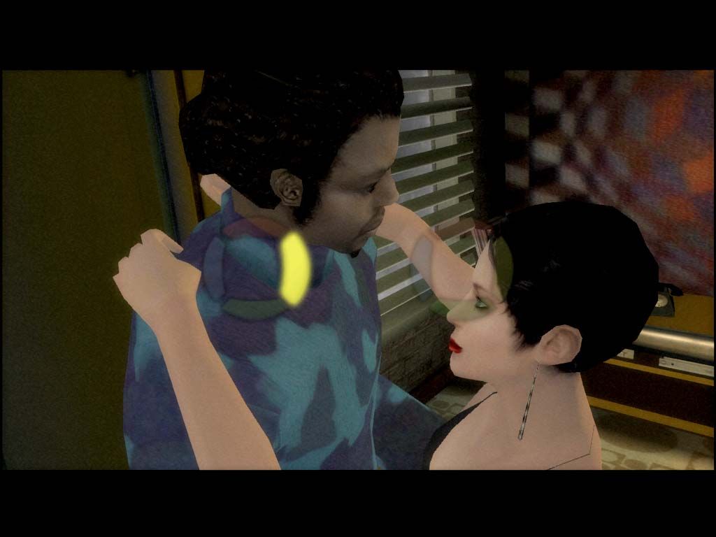 Indigo Prophecy (Windows) screenshot: Tyler's dancing with Sam while you're playing, um, something like DDR