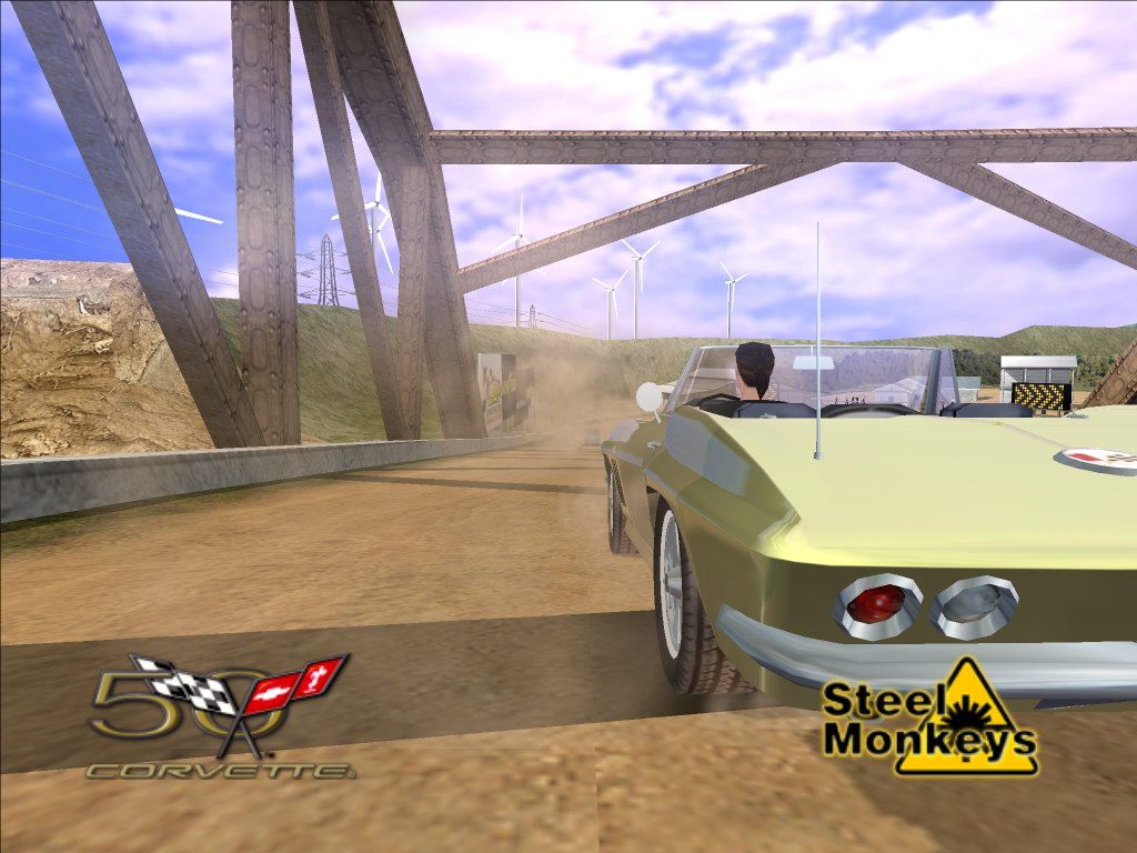 Corvette (Windows) screenshot: Eating some classic dust over a bridge