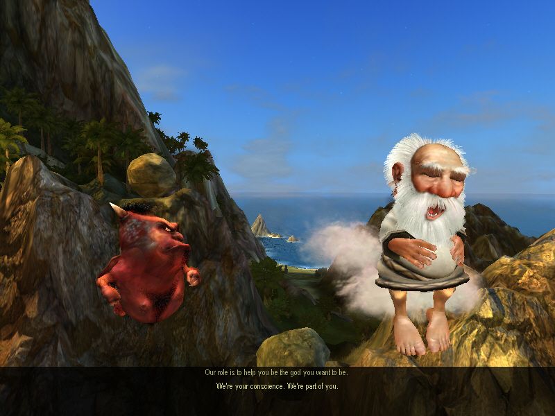 Black & White 2 (Windows) screenshot: The two faces of our conscience are guiding us through the tutorials.
