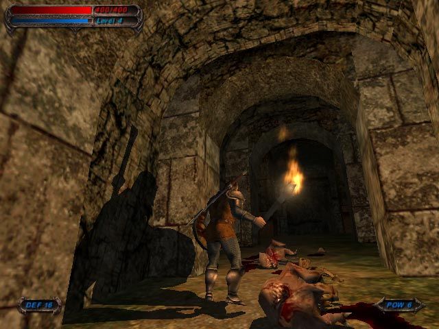 Blade of Darkness (Windows) screenshot: In a dwarven mine, you encounter some horrors. Notice the excellent light/shadow engine.
