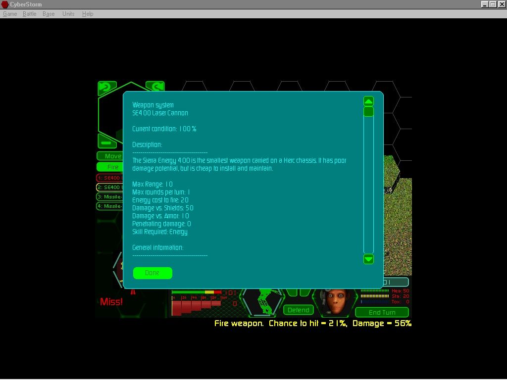 MissionForce: CyberStorm (Windows) screenshot: Weapon information screen