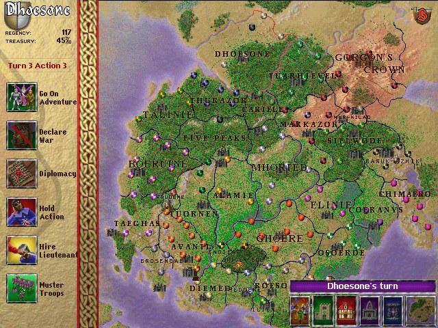 Birthright: The Gorgon's Alliance (Windows) screenshot: Main map screen that you spend most of your time