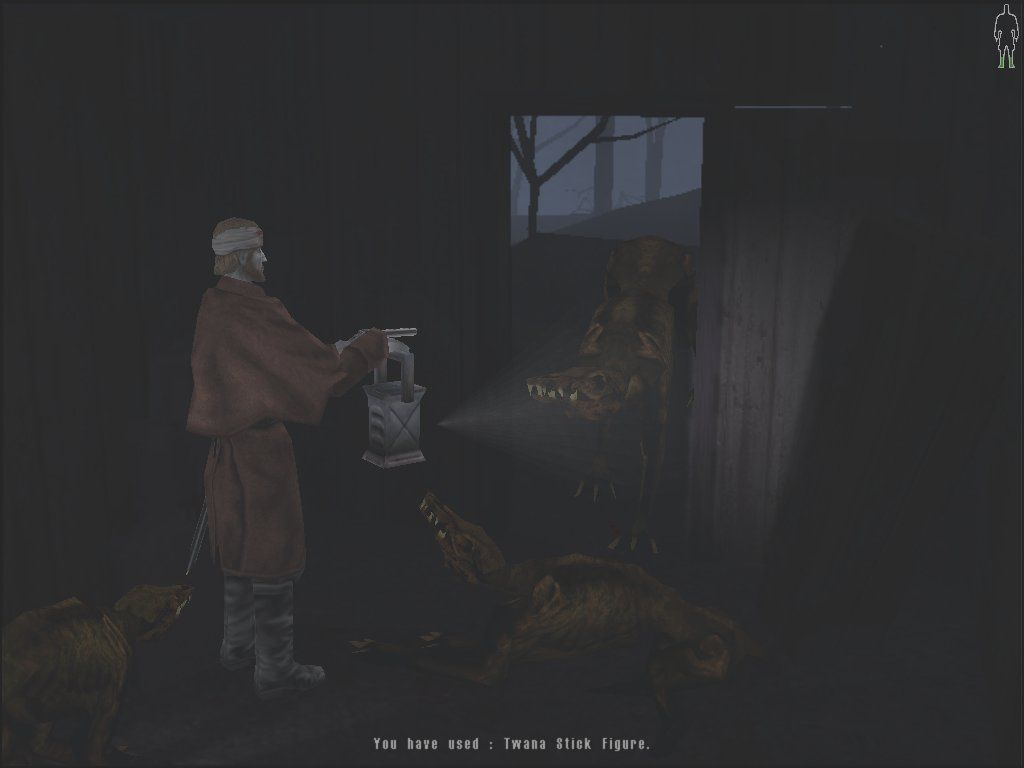 Blair Witch: Volume II - The Legend of Coffin Rock (Windows) screenshot: Lazarus hides within a wooden hut but finds that he is unable to escape from the vicious hellhounds, including a particularly nasty one the size of a horse