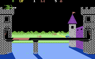 Dragonfire (Commodore 64) screenshot: Dodge fireballs running across this bridge...